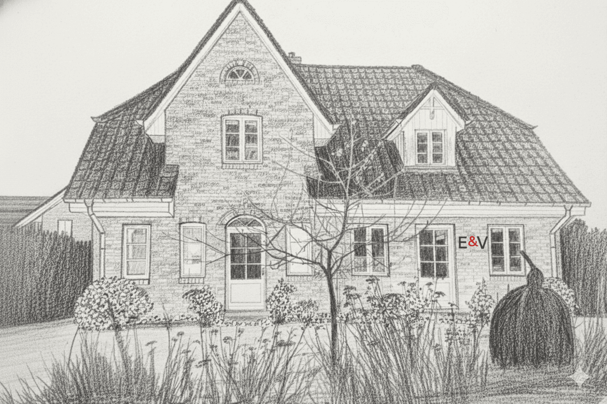 Pencil drawing of a two-story brick house with a dark roof, windows, and a white front door. Bushes and tall grass are in the front yard.
